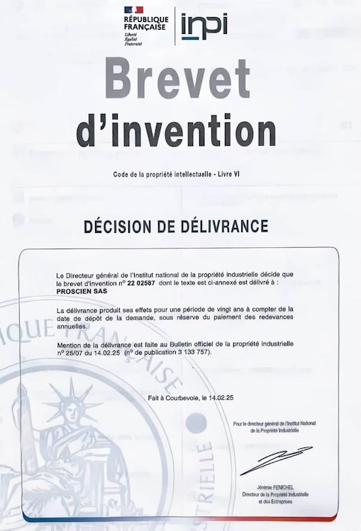 A French patent grant for invention no. 22 02587